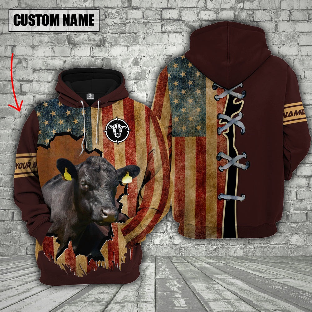 Black angus US Flag Retro Personalized 3D Hoodie, Farmer Hoodie, Custom Farm Shirts, Farmer T Shirt