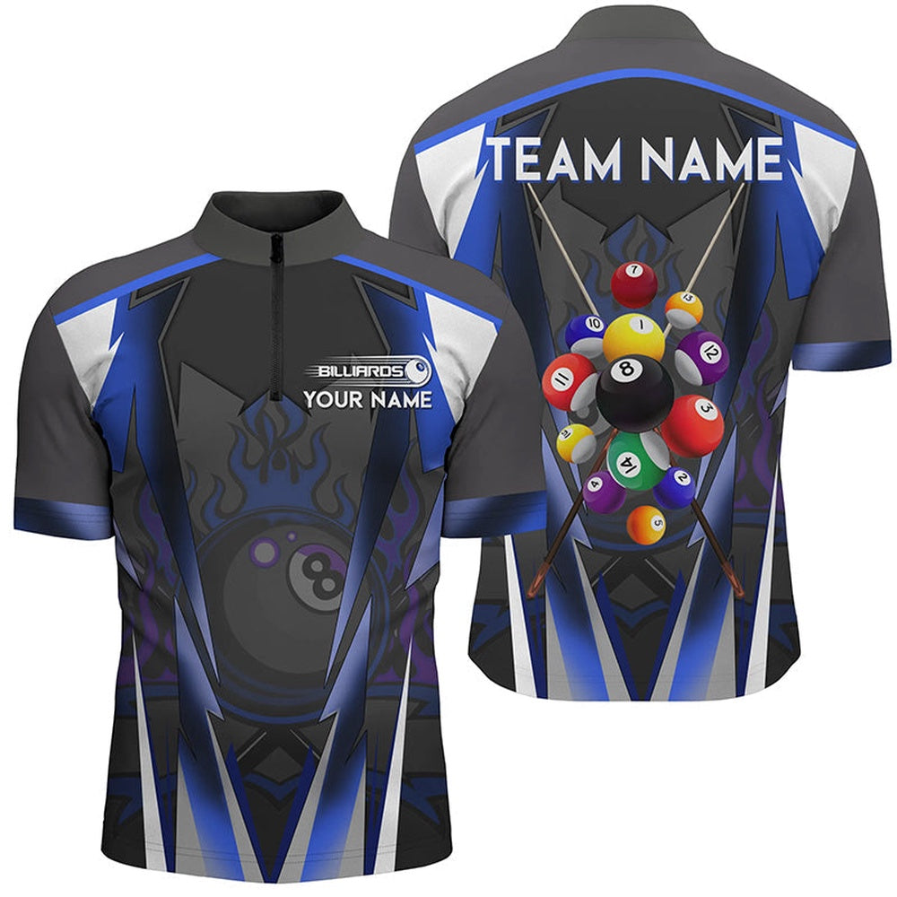Blue 8 Ball Fire Billiard Balls Jersey Shirts Custom Team League Billiard Jersey, Billiard Team Jersey Shirt