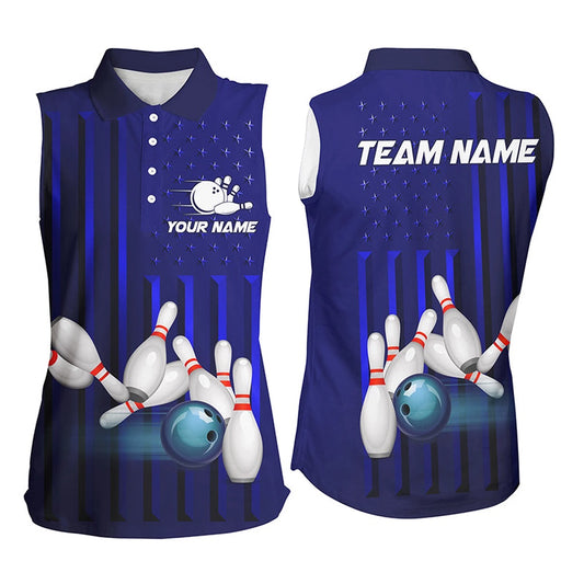 Blue American Flag Patriotic Bowling Sleeveless Polo Shirts For Women, Custom Team Bowling Shirts, Women Bowling Shirts