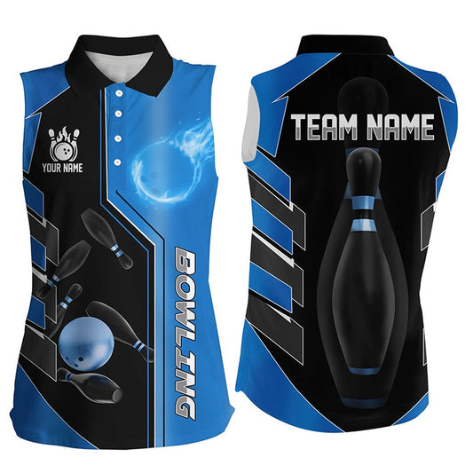 Blue And Black Bowling Sleeveless Polos Custom Bowling Ball Pins Team Bowling Polo Bowler Outfits, Women Bowling Shirts