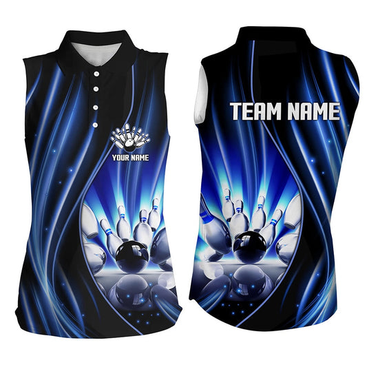 Blue And Black Light Women Bowling Sleeveless Polos Custom League Polo, Personalized Bowling Gift, Women Bowling Shirts