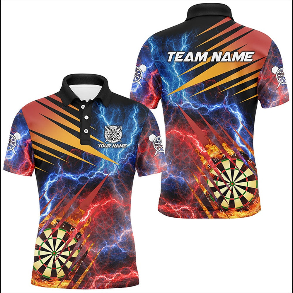 Blue And Red Thunder Lighting Custom Dart Shirts For Men, Fire Flame Darts Board Team Dart Polo, Darts Team Polo Shirt
