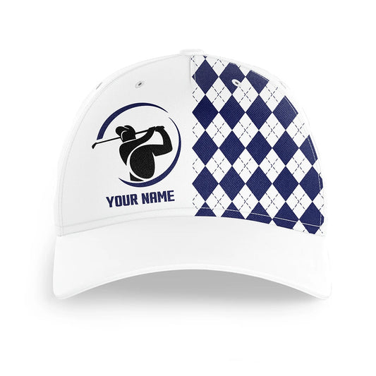 Blue Argyle Plaid Pattern Custom White Golfer Hat, Personalized Sun Hat For Mens Golf Gifts, Golf Baseball Cap