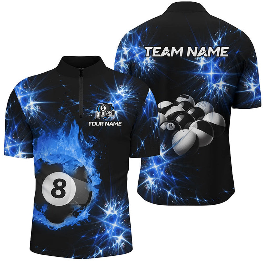 Blue Billiard 8 Ball Fire Flame Jersey Shirt Custom Billiard Balls Team Jersey, Billiard Team Jersey Shirt