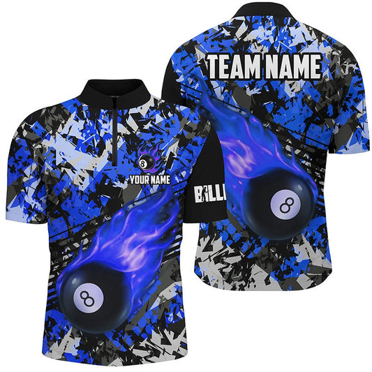Blue Billiard Ball 8 Fire Flame Jersey Shirts Custom 8 Ball Pool Billiard Jersey, Billiard Team Jersey Shirt