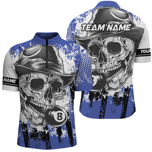 Blue Billiard Skull Holding 8 Ball Jersey Shirts Custom Billiard Jersey Attire, Billiard Team Jersey Shirt