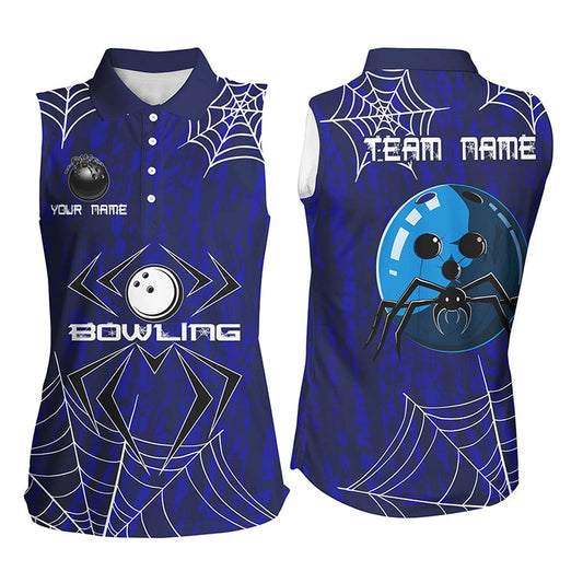 Blue Camo Bowling Sleeveless Polo Shirts Custom Spider Web Halloween Men Team Bowling Polo, Women Bowling Shirts