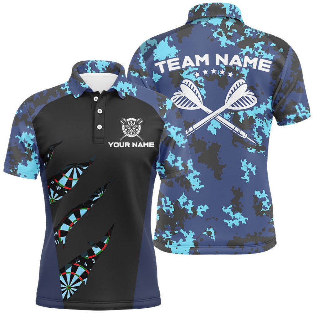 Blue Camo Darts Polo Shirt Custom Camouflage Dart Shirts For Men Darts Team Polo, Darts Team Polo Shirt