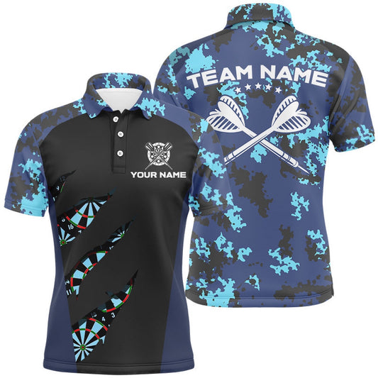 Blue Camo Darts Polo Shirt Custom Camouflage Dart Shirts For Men Darts Team Polo, Darts Team Polo Shirt