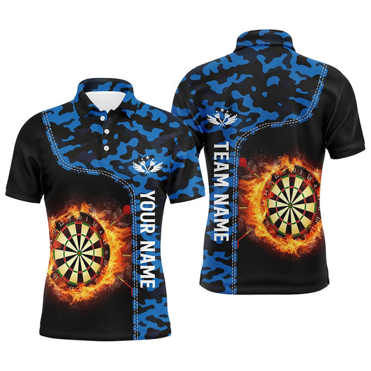 Blue Camo Flame Darts Board Mens Polo Shirt Custom Darts Shirt For Men Dart Polo, Darts Team Polo Shirt