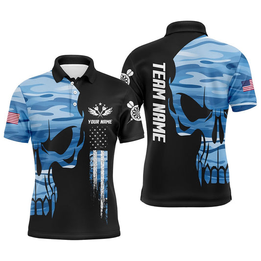Blue Camo Skull American Flag Mens Darts Polo Shirt Custom Patriotic Dart Polo For Men, Darts Team Polo Shirt
