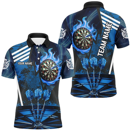 Blue Dartboard Fire Flame Hitting Target Custom Dart Shirts For Men, Darts League Team Polo, Darts Team Polo Shirt