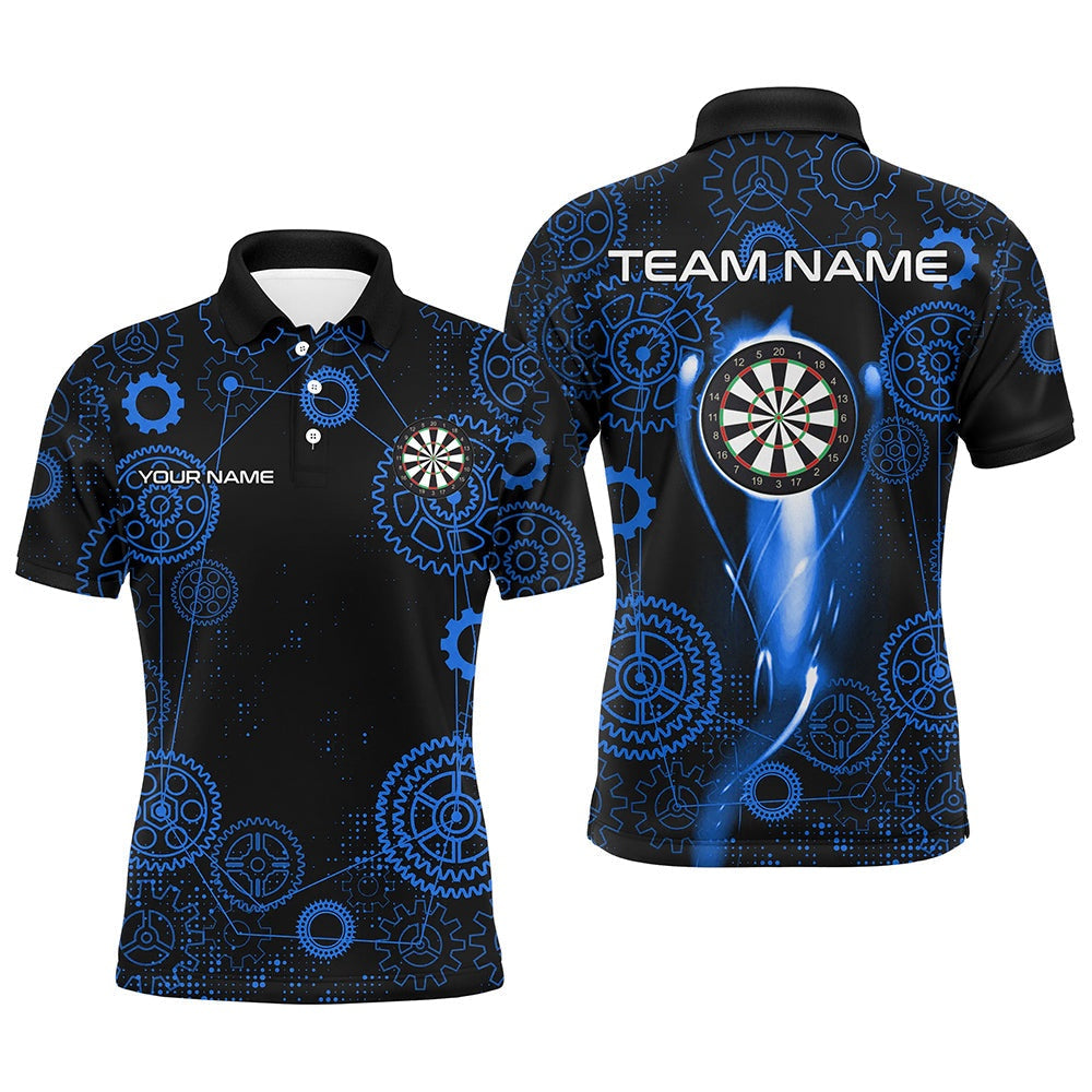 Blue Darts Gearwheel Pattern Custom Dart Shirts For Men, Dart Polo Darts League Team Uniform, Darts Team Polo Shirt