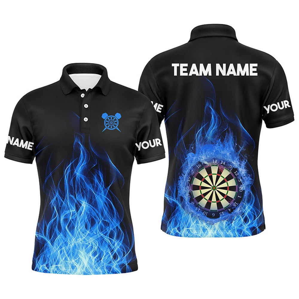 Blue Fire Flame 3D Dartboard Men Darts Polo Shirts Custom Darts Shirts For Team Dart Polo, Darts Team Polo Shirt
