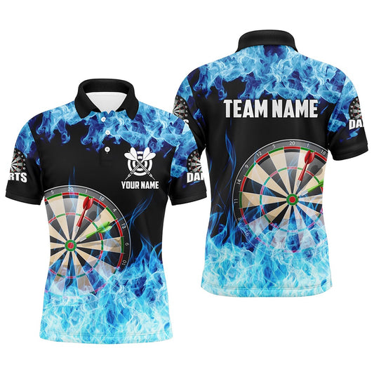 Blue Fire Flame Dartboard Men Darts Polo Shirts Custom Darts Shirts For Team Dart Polo, Darts Team Polo Shirt