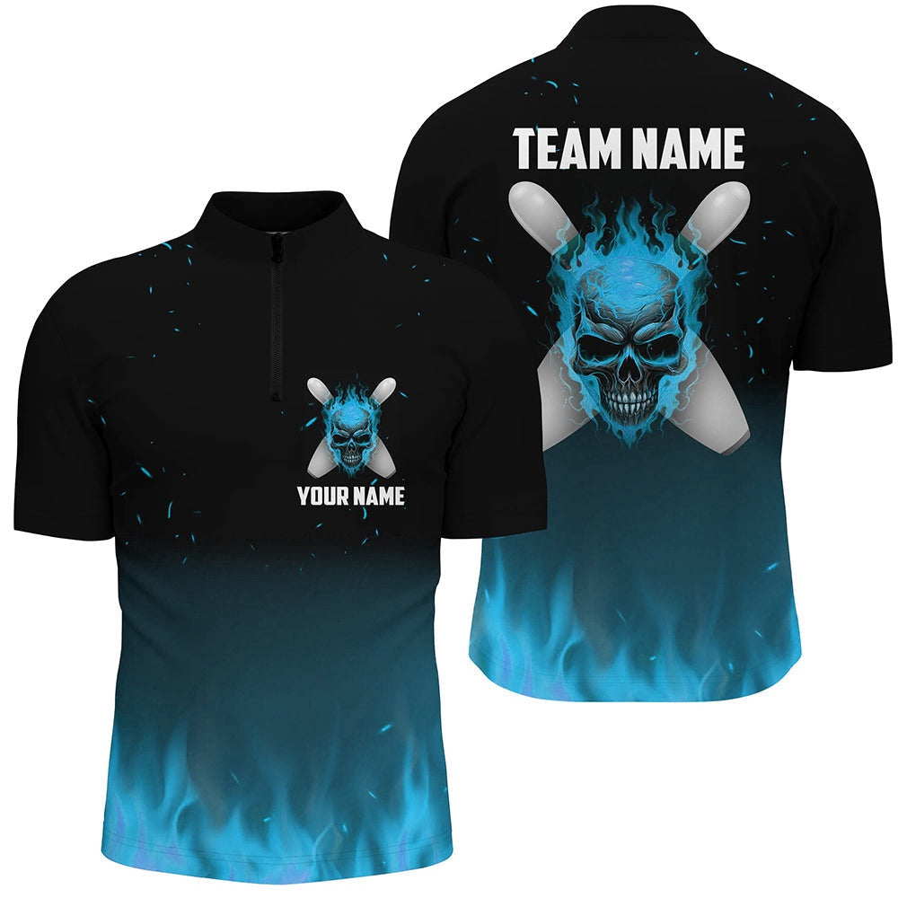Blue Flame Skull Bowling Jersey Shirtmen Custom Team Bowling Jerseys Halloween Outfits , Bowling Jersey Shirt