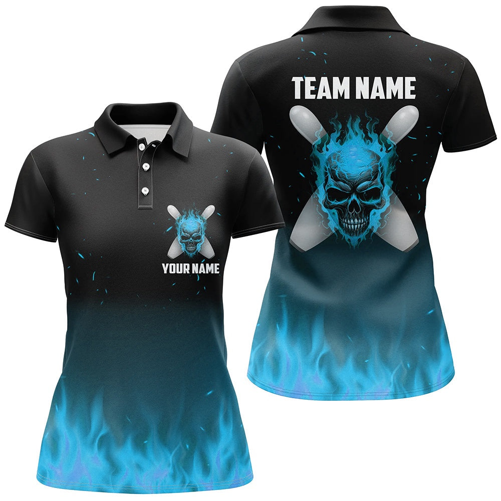 Blue Flame Skull Ladies Bowling Polo Shirts Custom Team Bowling Polo Halloween Outfits, Bowling Team Shirts