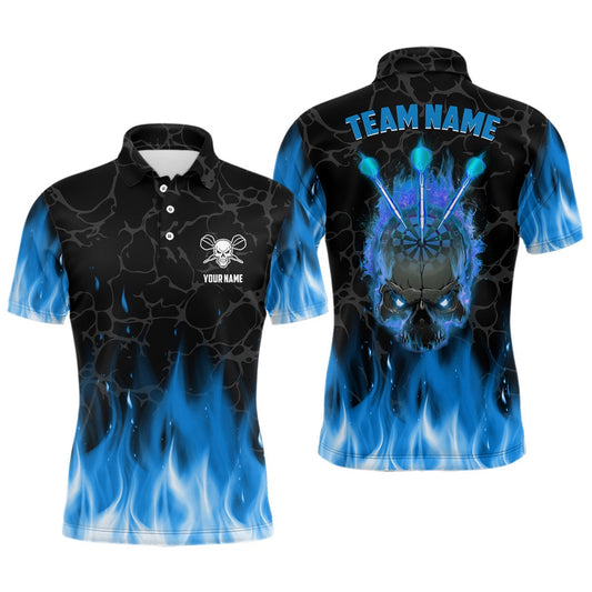 Blue Flame Skull Mens Darts Polo Shirt Custom Scary Darts Shirt For Men Dart Polo, Darts Team Polo Shirt