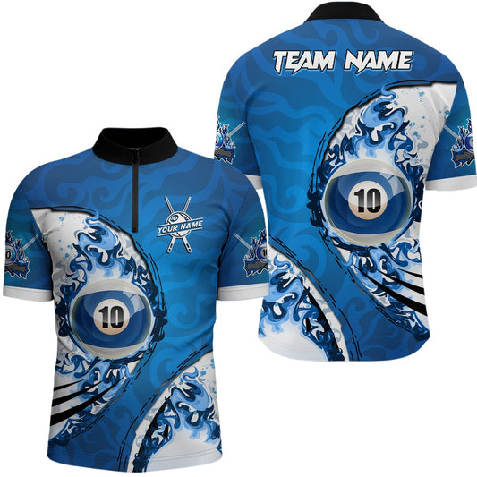 Blue Flaming 10 Ball Billiards Jersey Shirts, Custom 10 Balls Pool Player Shirts, Billiard Team Jersey Shirt