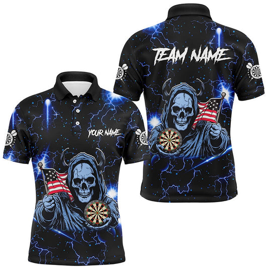 Blue Skull Thunder Lightning US Flag Custom Dart Shirts For Men, Darts League Team Polo, Darts Team Polo Shirt
