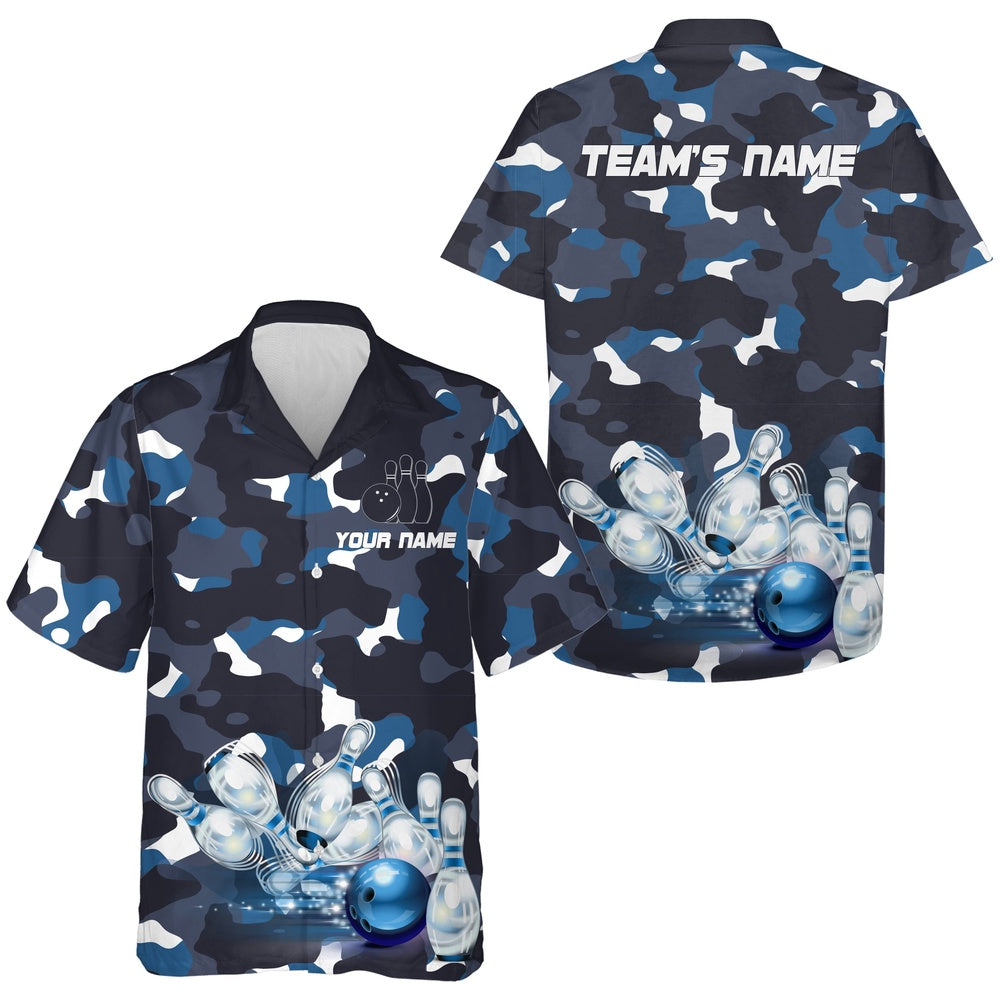 Bluecamo Hawaiian Bowling Shirt For Men Women, Custom Team Name Short Sleeve Bowlers Hawaiian, Bowling Team Hawaiian