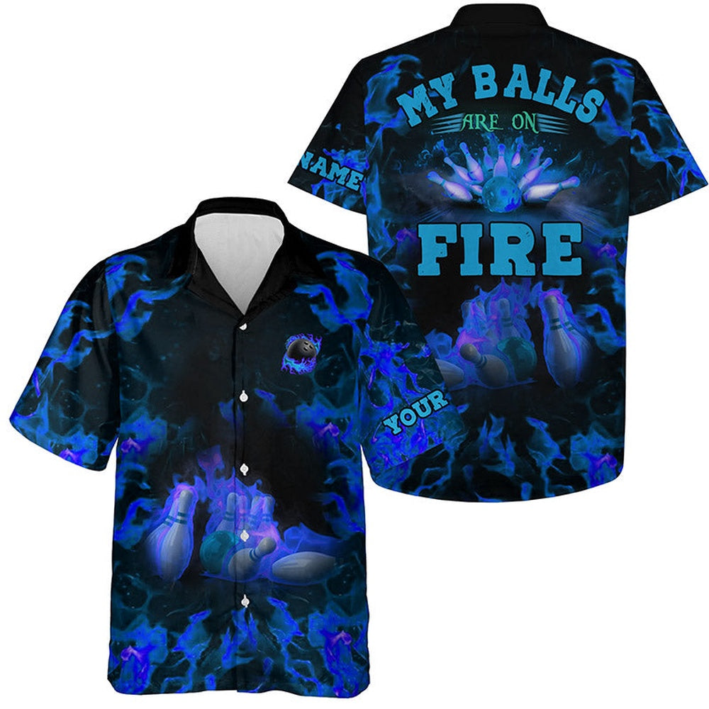 Blueflame Bowling Shirts, Custom My Balls Are On Fire Hawaiian Shirt For Men, Button Up Bowling Shirts, Bowling Team Hawaiian