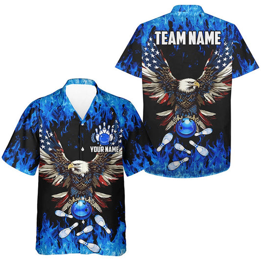 Blueflame Hawaiian Bowling Shirts, Custom American Flag Eagle Team Button Up Bowling Shirts, Bowling Team Hawaiian