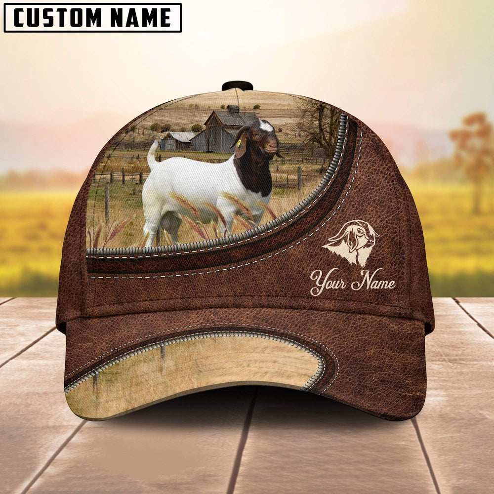 Boer Goat On The Farm Customized Name Leather Pattern Cap, Farmer Cap, Vintage Farmer Hat, Mens Farmer Hats, Cap For Farmers