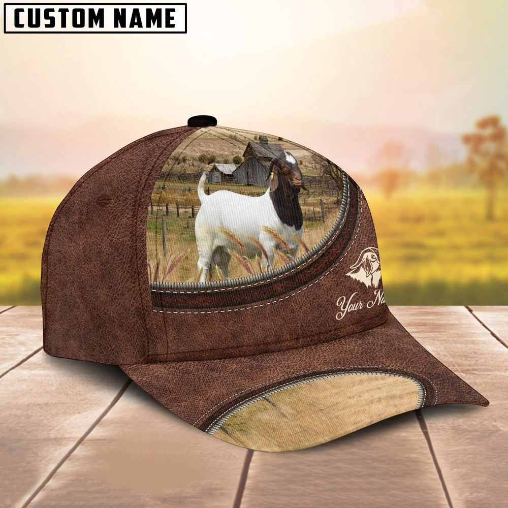 Boer Goat On The Farm Customized Name Leather Pattern Cap, Farmer Cap, Vintage Farmer Hat, Mens Farmer Hats, Cap For Farmers
