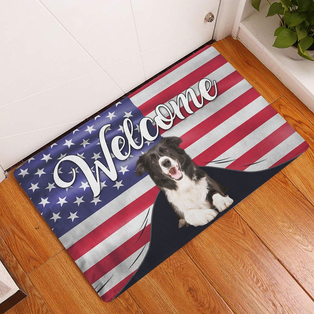 Border Collie Welcome Doormat, Funny Border Collie Dog Welcome American Flag USA Patriotic Welcome Doormat, Pets Home Decor Door Mat