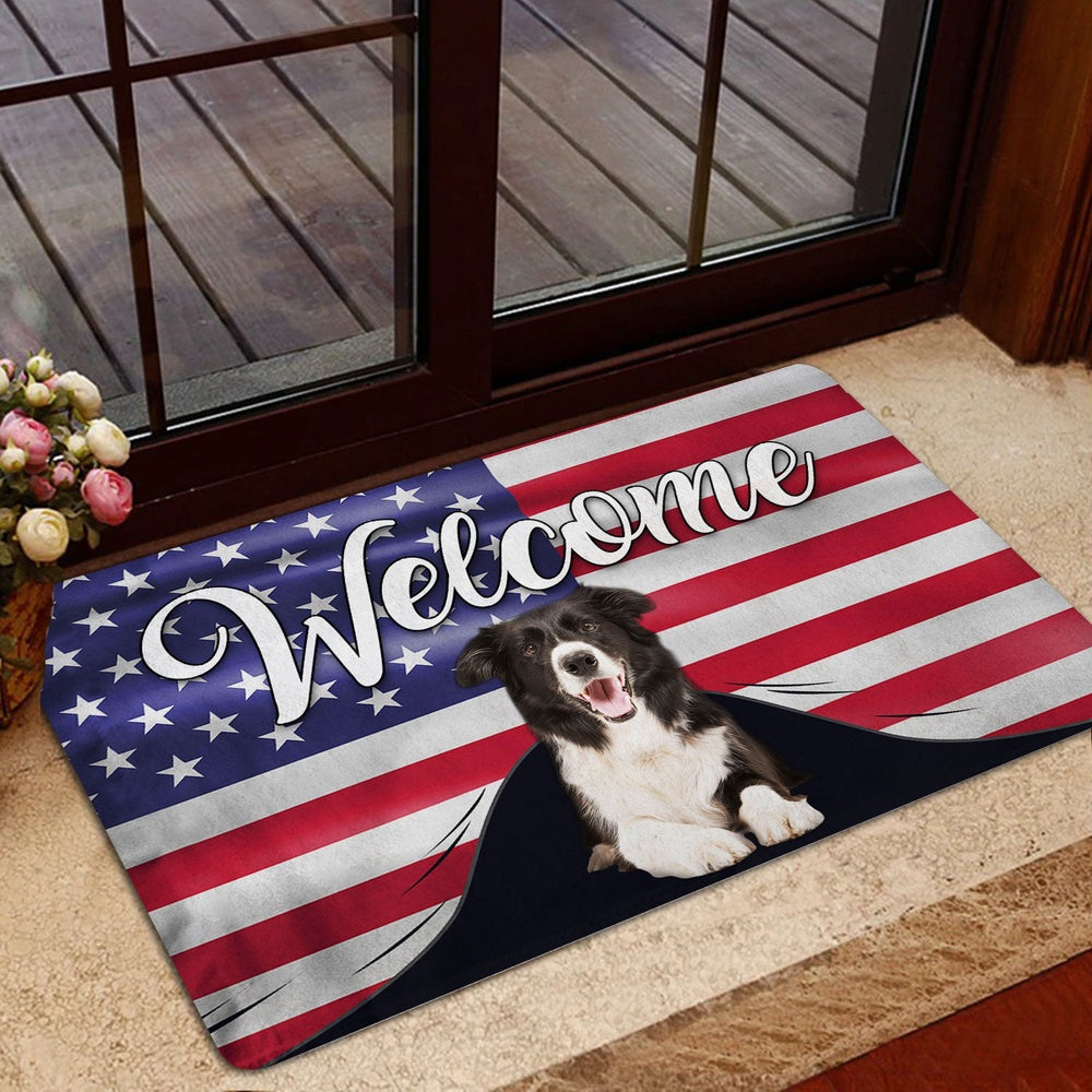Border Collie Welcome Doormat, Funny Border Collie Dog Welcome American Flag USA Patriotic Welcome Doormat, Pets Home Decor Door Mat