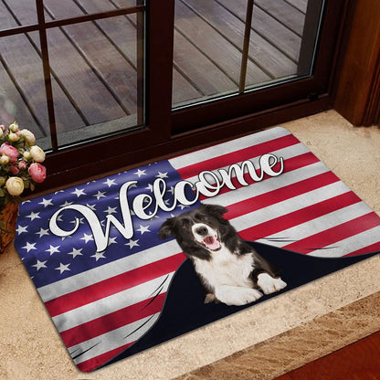 Border Collie Welcome Doormat, Funny Border Collie Dog Welcome American Flag USA Patriotic Welcome Doormat, Pets Home Decor Door Mat