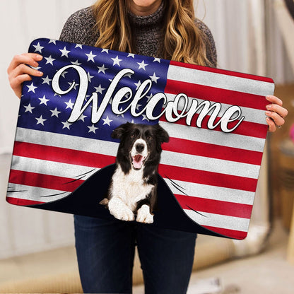 Border Collie Welcome Doormat, Funny Border Collie Dog Welcome American Flag USA Patriotic Welcome Doormat, Pets Home Decor Door Mat