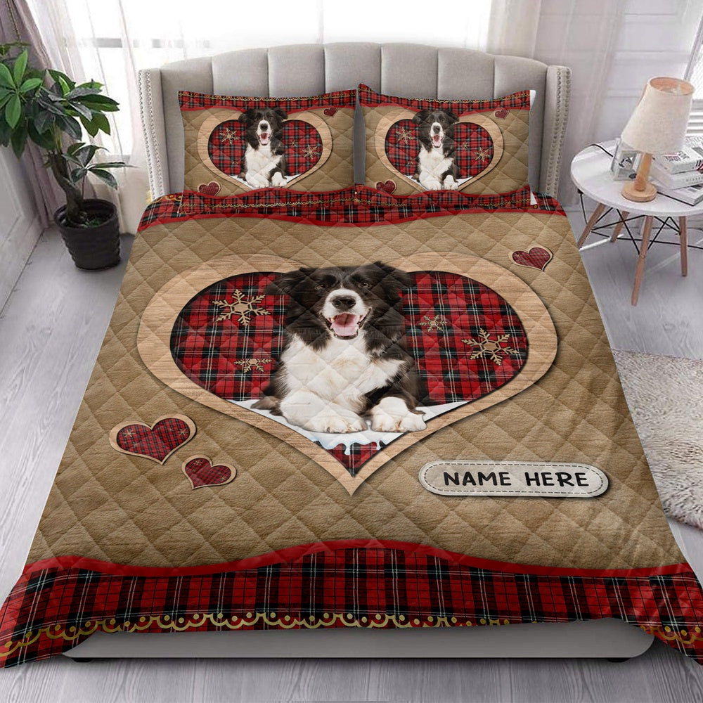 Border Colliemas Heart Red Plaid Bedding Set, Christmas Beddings, Xmas Bedding Sets