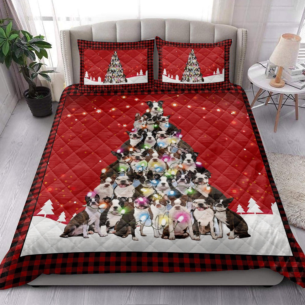 Boston Terriermas Noel Xmas Tree Dog Bedding Set, Christmas Beddings, Xmas Bedding Sets