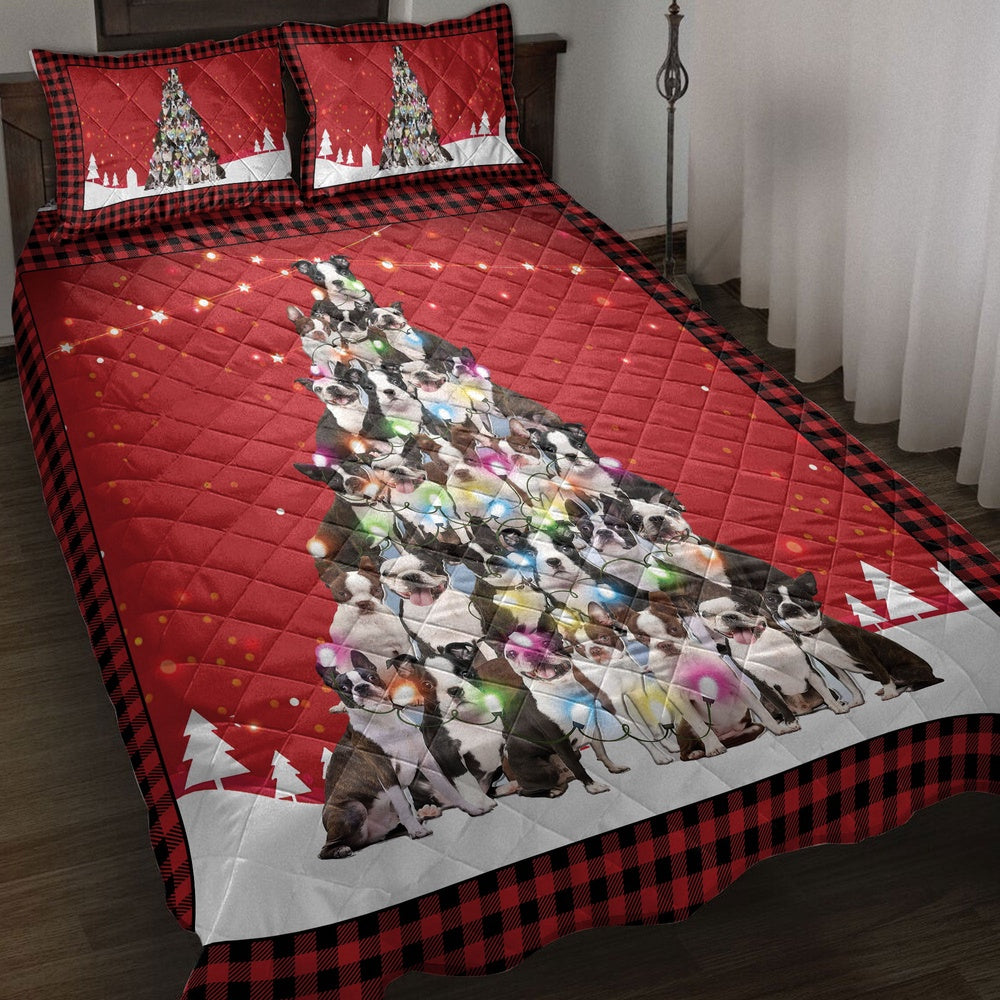 Boston Terriermas Noel Xmas Tree Dog Bedding Set, Christmas Beddings, Xmas Bedding Sets