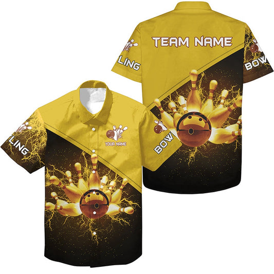 Bowling Hawaiian Shirt, Custom Gold Lightning Thunder Bowling Team Hawaiian, Gift For Team Bowlers, Bowling Team Hawaiian