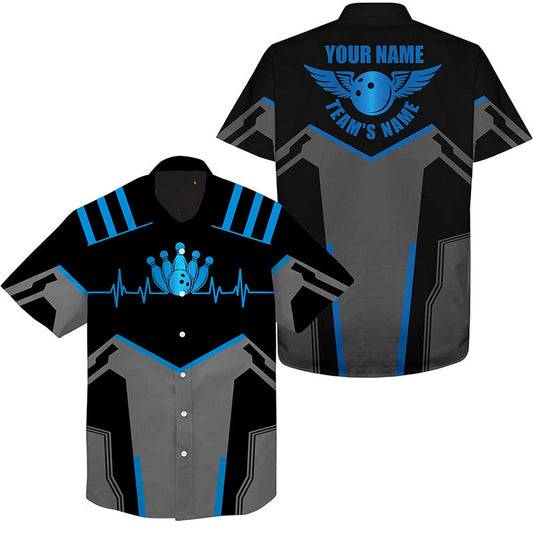 Bowling Hawaiian Shirt, Custom Name And Team Name Bluebowling Ball And Pins, Team Bowling Shirts, Bowling Team Hawaiian