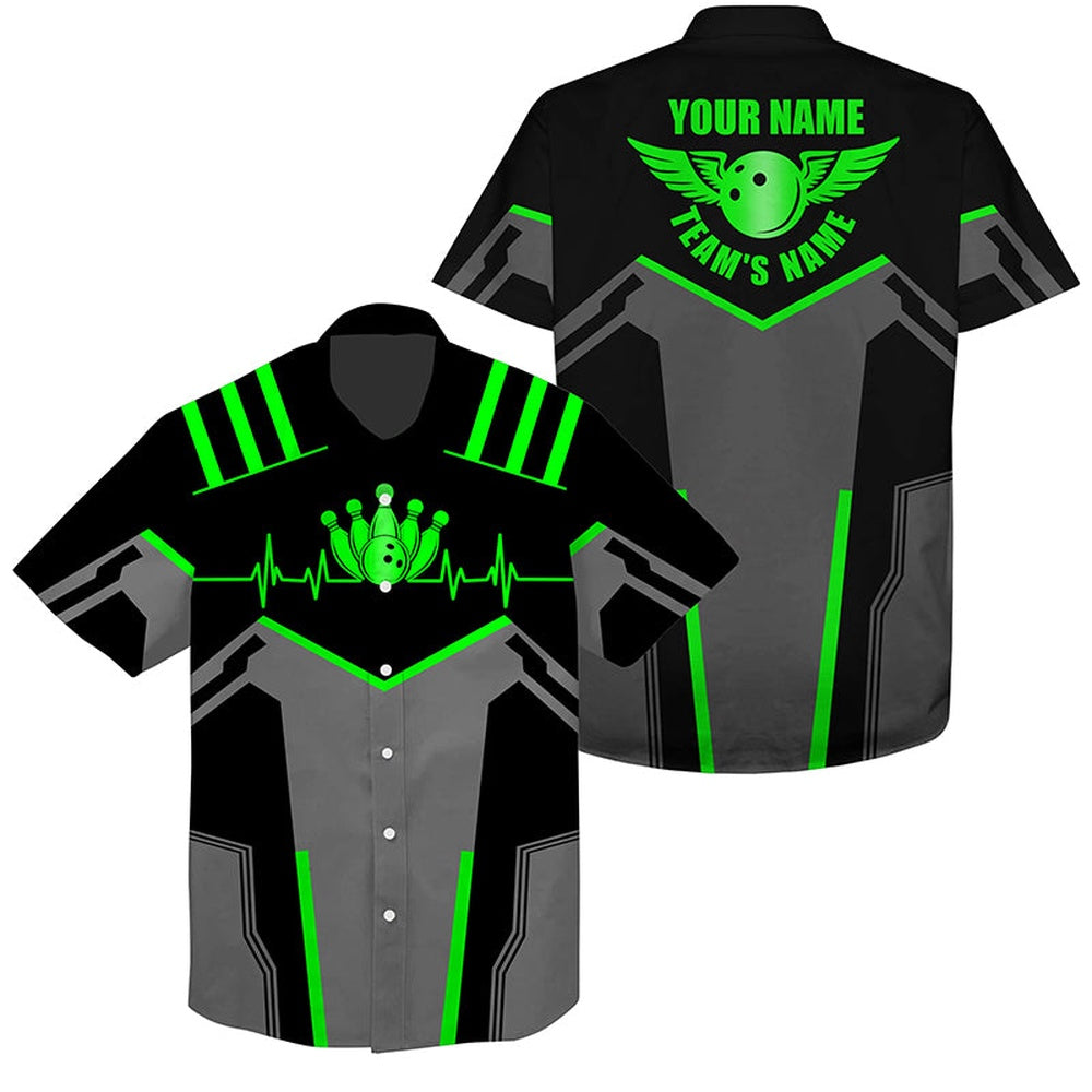 Bowling Hawaiian Shirt, Custom Name And Team Name Bowling Ball And Pins, Team Bowling Shirts Green, Bowling Team Hawaiian
