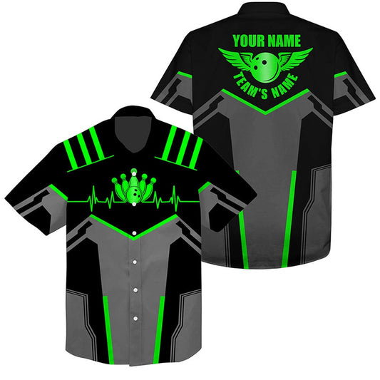 Bowling Hawaiian Shirt, Custom Name And Team Name Bowling Ball And Pins, Team Bowling Shirts Green, Bowling Team Hawaiian