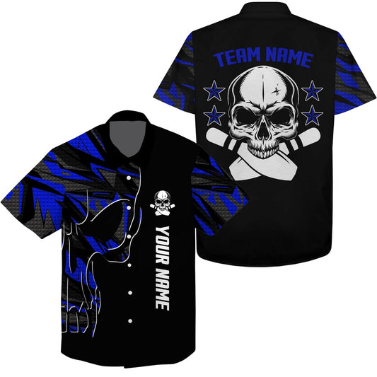 Bowling Hawaiian Shirt, Custom Name And Team Name Skull Bowling, Team Bowling Shirts Blue, Bowling Team Hawaiian