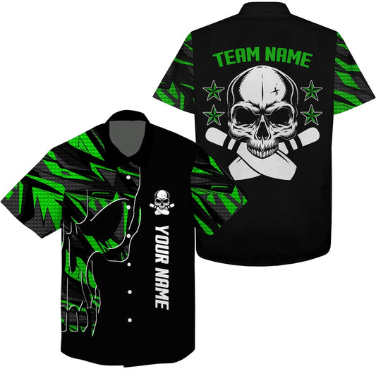 Bowling Hawaiian Shirt, Custom Name And Team Name Skull Bowling, Team Bowling Shirts Green, Bowling Team Hawaiian