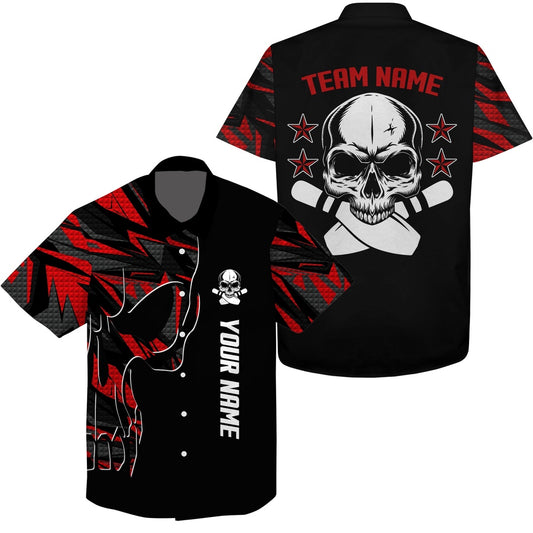 Bowling Hawaiian Shirt, Custom Name And Team Name Skull Bowling, Team Bowling Shirts Red, Bowling Team Hawaiian