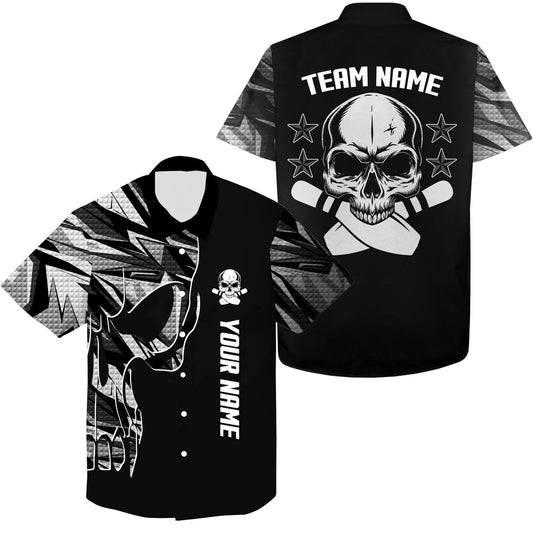 Bowling Hawaiian Shirt, Custom Name And Team Name Skull Bowling, Team Bowling Shirts White, Bowling Team Hawaiian