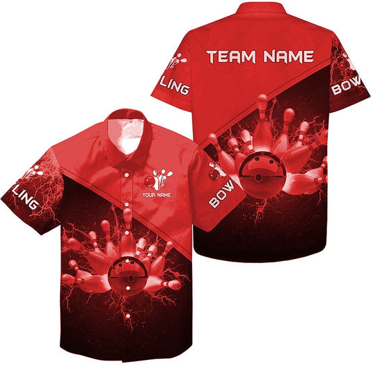 Bowling Hawaiian Shirt, Custom Red Lightning Thunder Bowling Team Hawaiian, Gift For Team Bowlers, Bowling Team Hawaiian