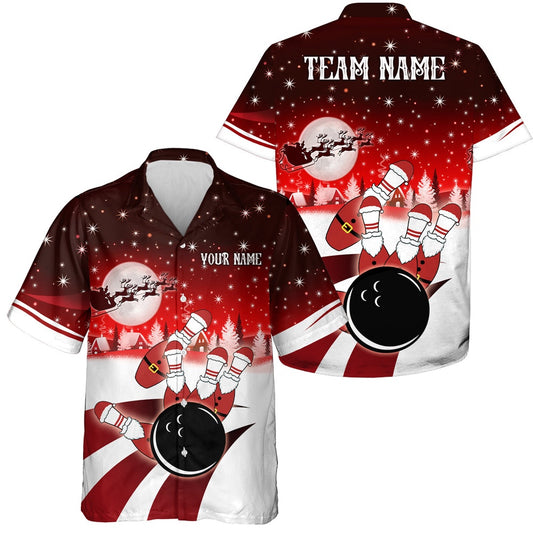 Bowling Hawaiian Shirts, Custom Christmas Santa Bowling Ball Pins Team Button Up Shirts Red, Bowling Team Hawaiian