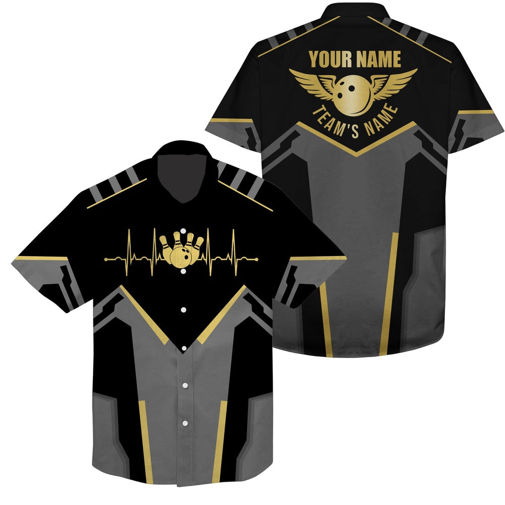 Bowling Hawaiian Shirts, Custom Team Name Black Bowling Team Button Up Shirts, Gift For Team Bowlers, Bowling Team Hawaiian