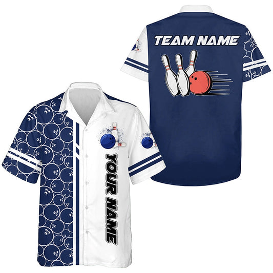 Bowling Hawaiian Shirts, Custom Whiteand Bluecamo Vintage Bowling Shirts, Gift For Bowler, Bowling Team Hawaiian