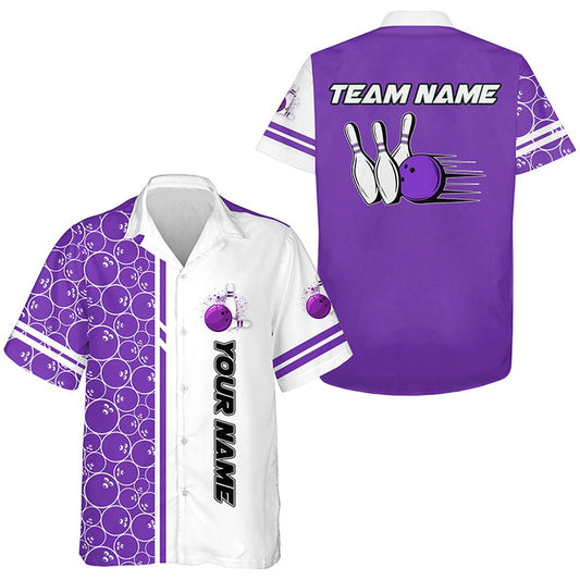 Bowling Hawaiian Shirts, Custom Whiteand Purple Camo Vintage Bowling Button Up Shirts, Gift For Bowler, Bowling Team Hawaiian