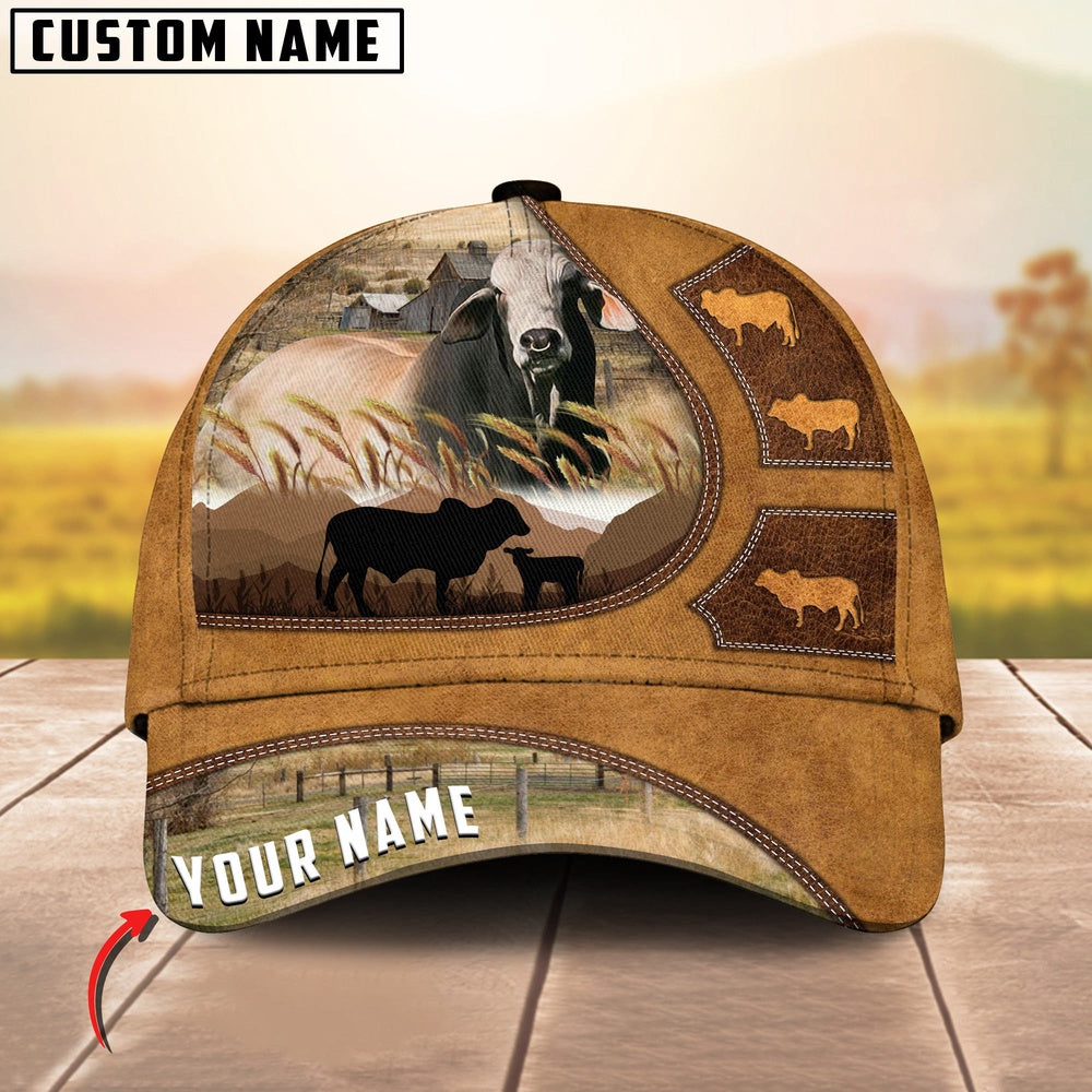 Brahman Art On Farm Yellow Leather Pattern Customized 3D Cap, Farmer Cap, Vintage Farmer Hat, Mens Farmer Hats, Cap For Farmers